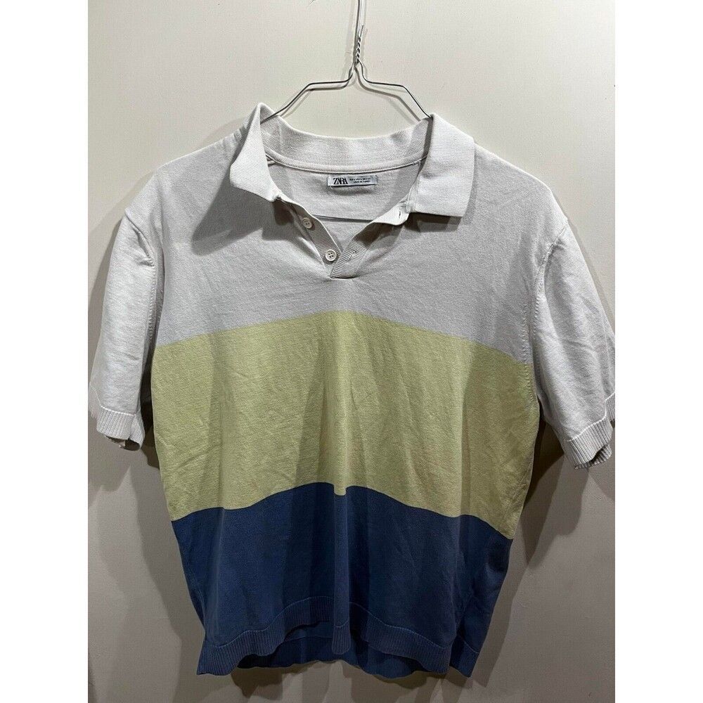 Zara Polo Mens Large Yellow Blue White Short Sleeve Golf Shirt Athletic Preppy
